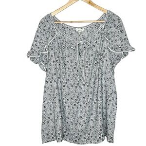 Max Studio Ruffled Floral Short Sleeve Top Black Ivory Womens 2X